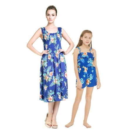 

Mother & Daughter Matching Hawaii Luau Midi Dress Girl Romper in Hibiscus Blue