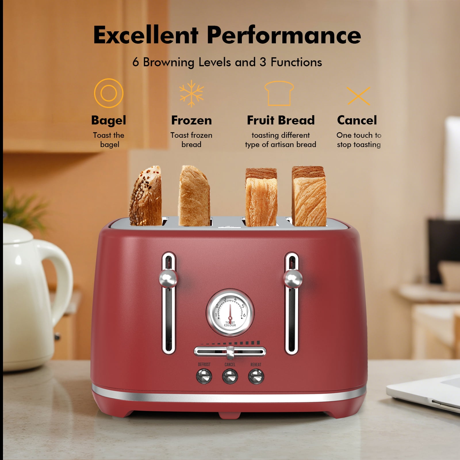 LONGDEEM 4 Slice Toaster - 6 Browning Options, Wide Slots, High Lift Lever, Dual Controls - Red