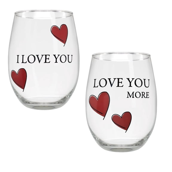 Lover's Wine Glass Set - I Love You, Love You More - Set of 2 - Stemless Wine Glasses with Decorative Hearts - Mr. & Mrs. - His and Her Romantic Glassware 20 oz