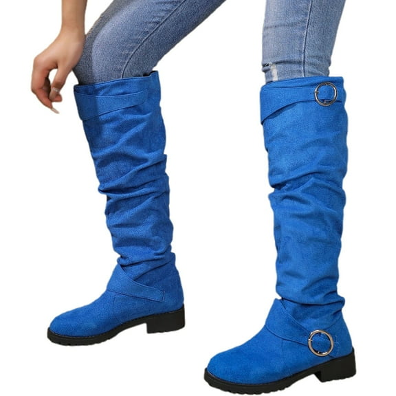 Gyexs Knee High Boots Women Wide Calf Comfortable Platform Flat Tall Boot Stylish Round Toe Fall Winter Casual Boots Blue Size 6