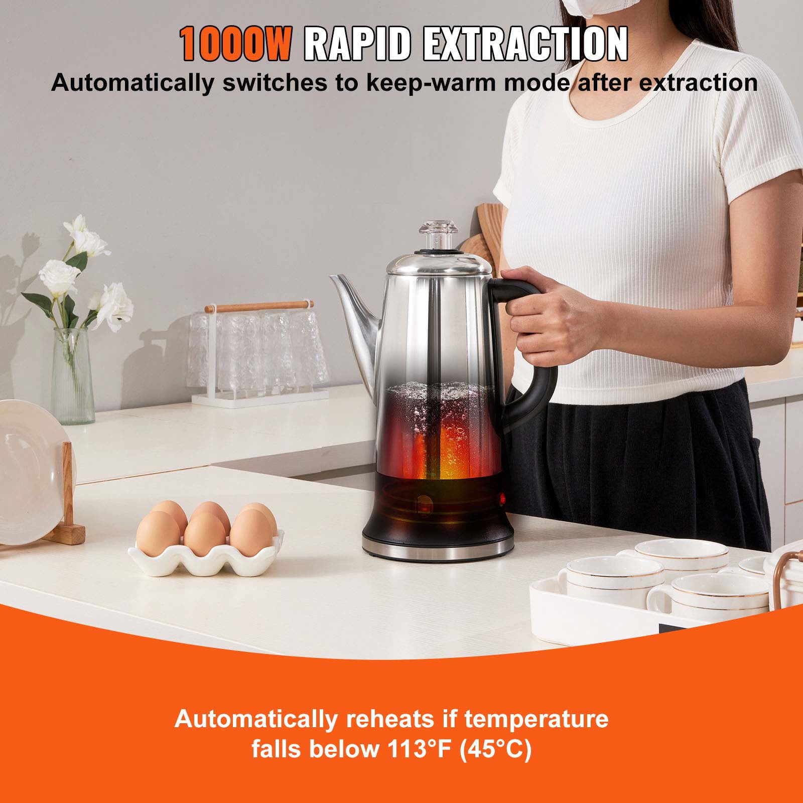 BENTISM 12-Cup 304 Stainless Steel Coffee Percolators Coffee Pot Coffee Maker Electric Coffee Percolator 1000W Automatic Keep-Warm & Split Power Base