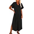 thumbnail image 2 of Tqcoqu Women's V Neck Short Sleeve Side Slit Loose Maxi Casual Dresses with Pockets,Black Women's S-XXL, 2 of 9