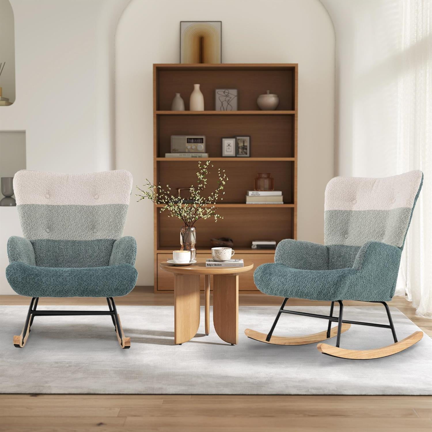 Spaco Ergonomic Nursery Rocking Chair, Boucle Fabric Upholstery, Rubber Wood Base, Convenient Side Pockets, Turquoise & White