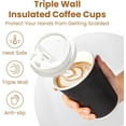 thumbnail image 3 of Fit Meal Prep 250 Pack 12 oz Black Disposable Coffee Cups with Lids & Stirrers, Corrugated Triple Wall To Go Hot Cups, Insulated Paper Coffee Cups for Hot Beverages, Travel, Home, Office (White Lids), 3 of 14