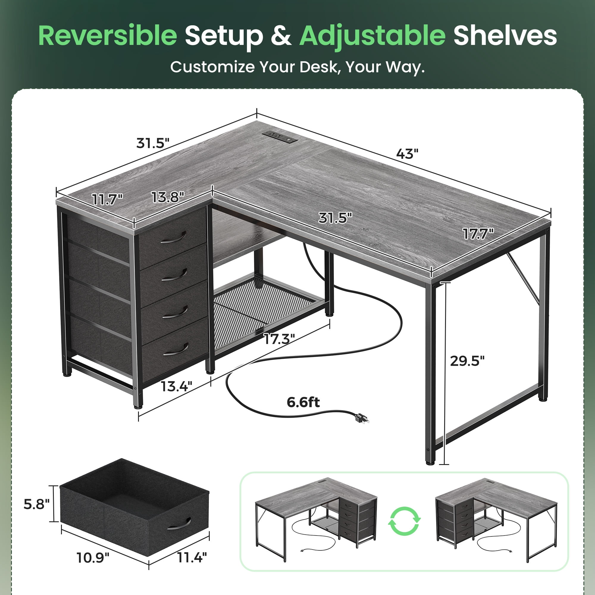 Amadwell 43 Inch L Shaped Desk with Power Outlets & Drawers, Reversible L-Shape Computer Desk