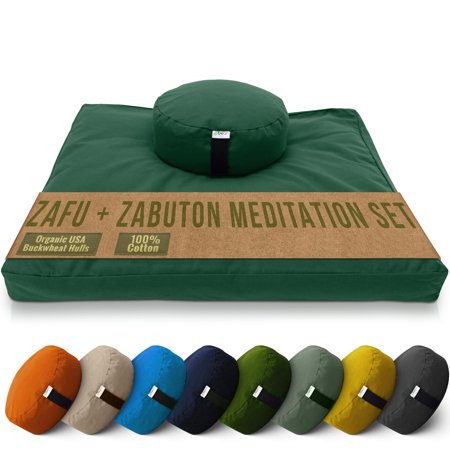Cotton Meditation Cushion and Mat Set - Organic Buckwheat Filled Round Zafu Meditation Pillow and Cotton Filled Zabuton Floor Pad - Made in USA Forest Green