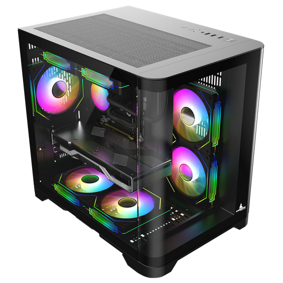 Iceberg Crystal Wave M Micro ATX Tower Gaming PC Case Full-View Panoramic Curved Tempered Glass 3 Included aRGB Fans (Black)