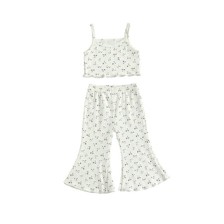 

Canrulo Summer Lovely Kids Girls Clothes Flowers Printed Strap Sleeveless Vest Tops Flare Pants 2pcs Sets White 2-3 Years