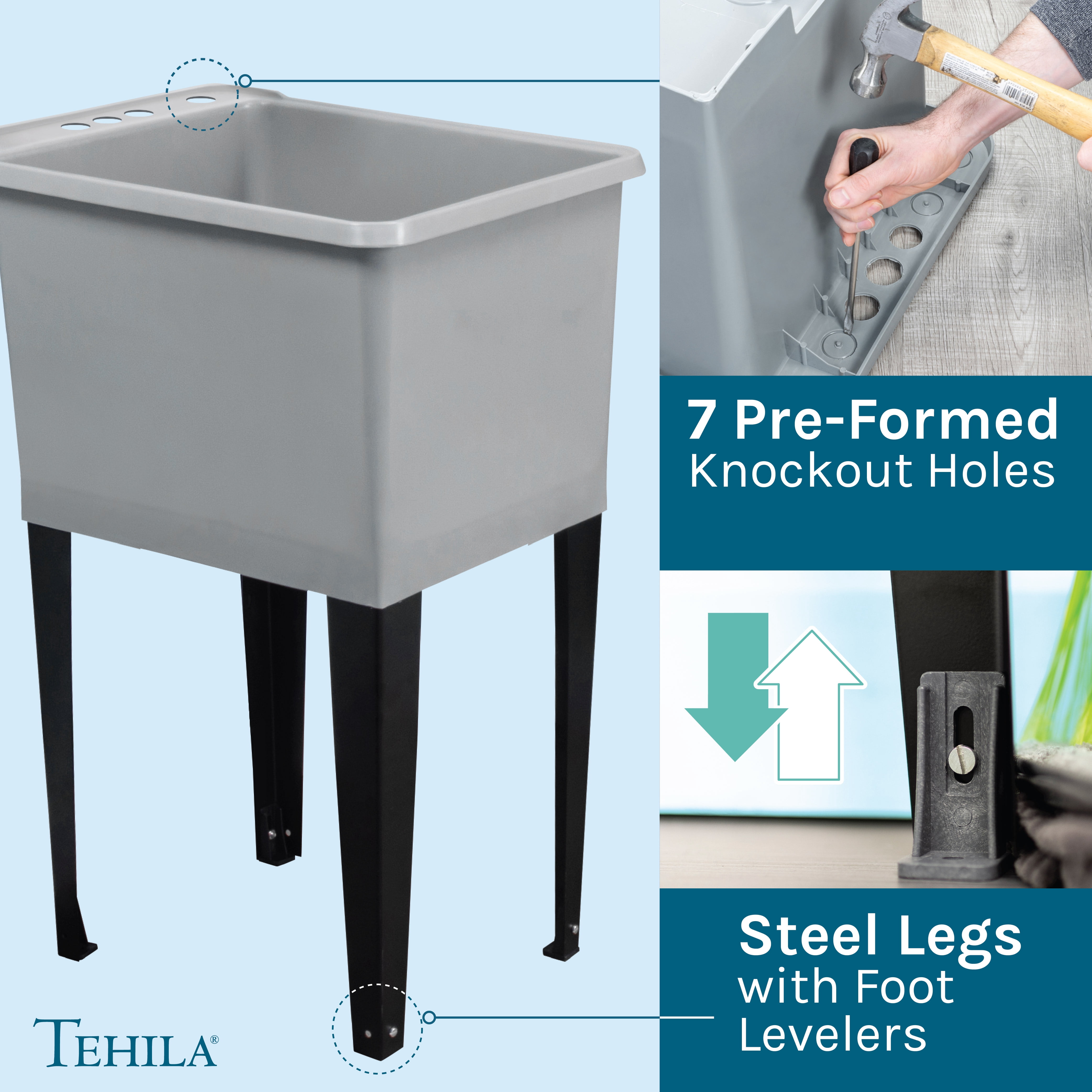 TEHILA Space Saver 16 Gallon Grey Utility Sink with Stainless Finish Faucet & Side-Sprayer