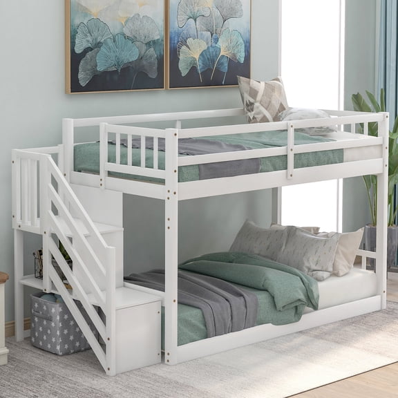 Kumix Bunk Bed Twin over Twin, Wooden Floor Bunk Bed with Storage Ladder, Safety Guardrail for Teens Adults, Heavy Duty Bunk Bed Frame for Bedroom, Twin Bunk Beds for 2, Easy Assembly, White