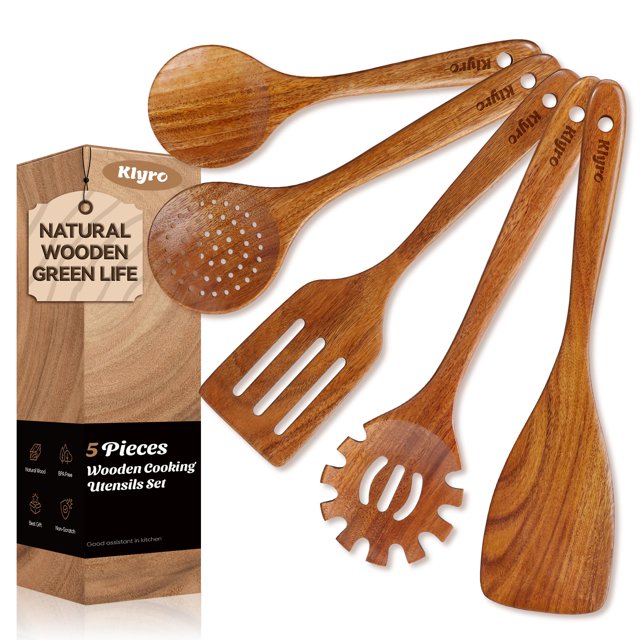 Set de utensilios de cocina KLYRO de madera de teca, 5 piezas, antiadherentes