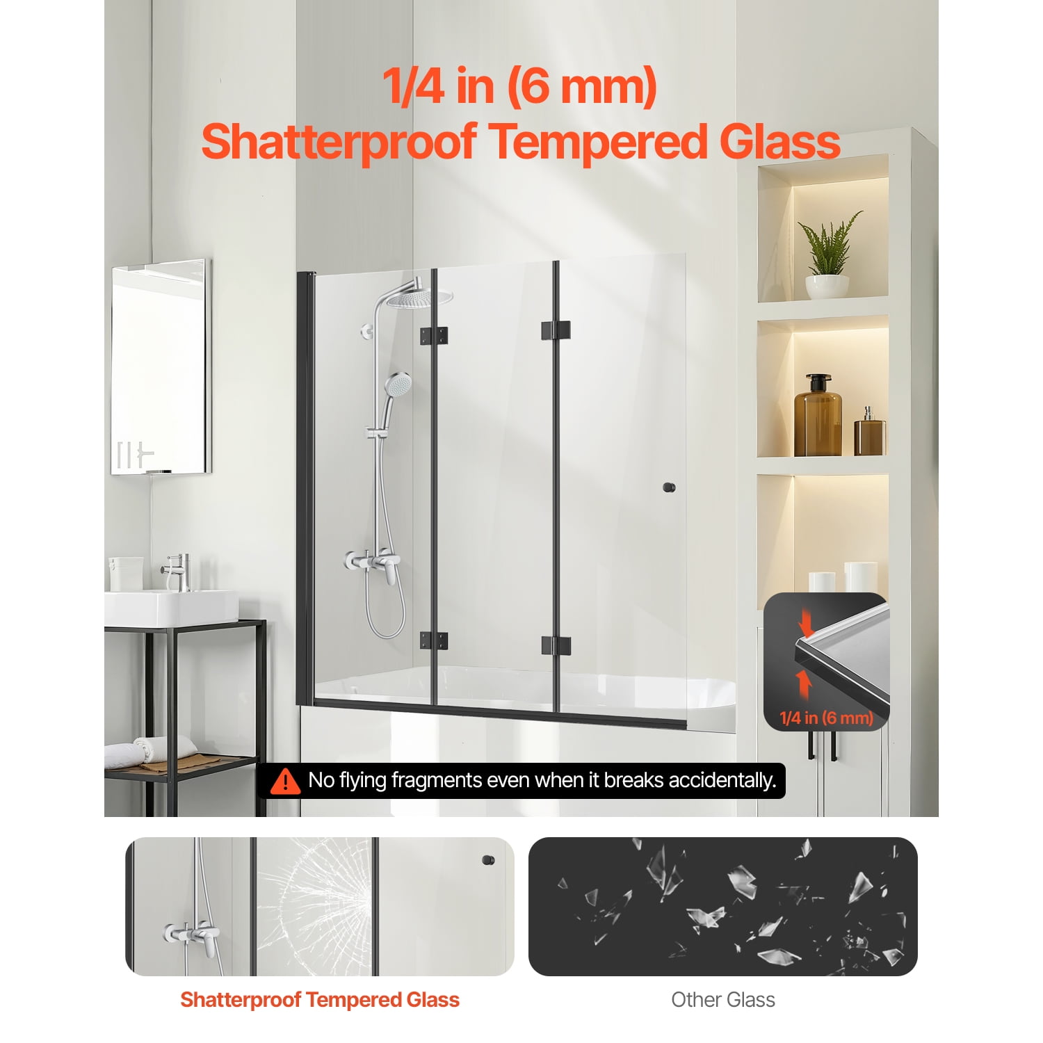 KFFKFF Shower Door for Bathtub, Dimensions 51 in. Width x 56 in. Height, Hinged Shower Door without Frame, Three-Fold Glass Shower Door with 1/4 in Thick Tempered Glass, Design that Rotates