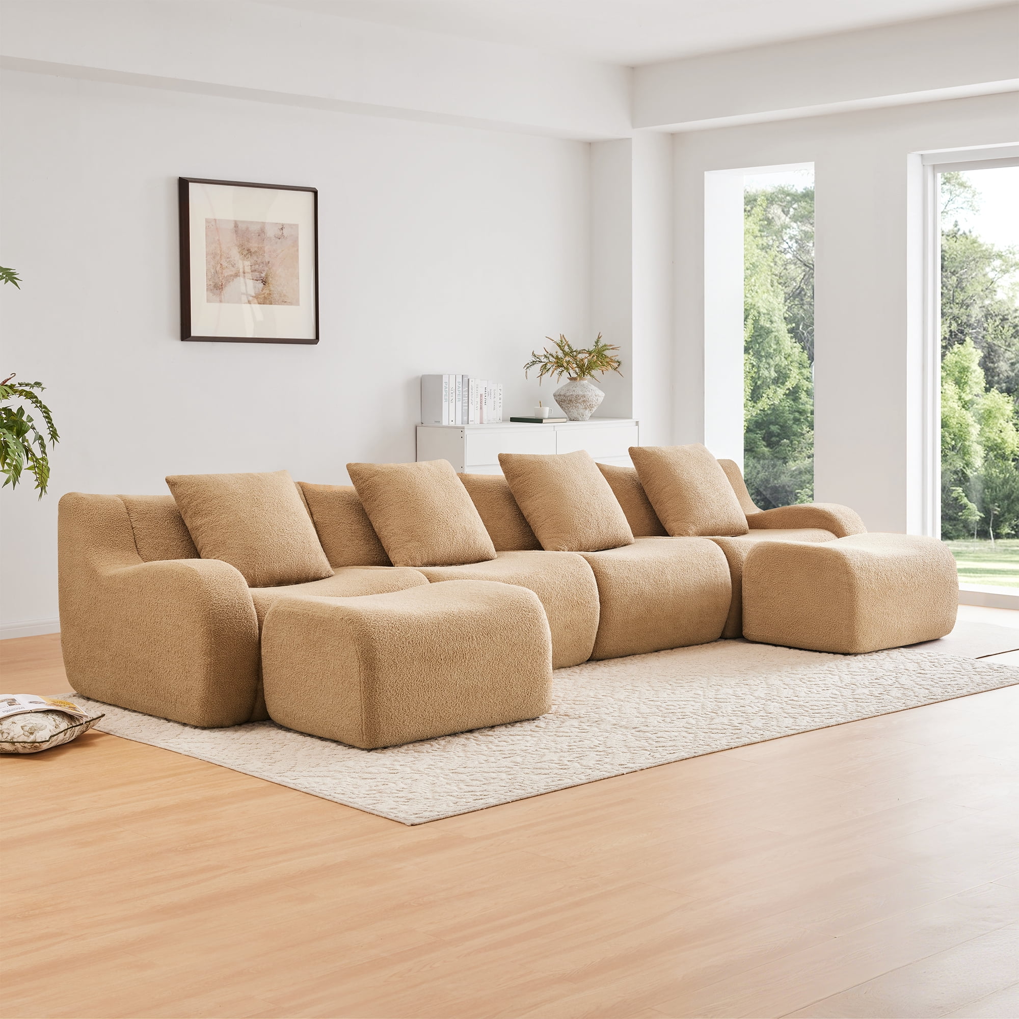 MAYEERTY 148" U-Shaped Teddy Fabric 4-Seat Boneless Sofa, Camel 300lbs/seat 32D Foam No Assembly Couch with Chaise for Living Room Study