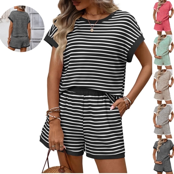 LEWKW Womens Striped 2 Piece Outfits Short Sleeve Crewneck Tee And Shorts Matching Sets Casual Summer Beach Lounge Sets Comfy Soft Tracksuits