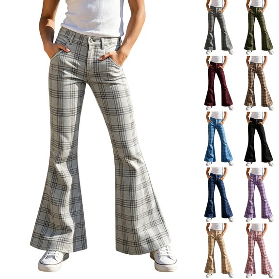 MuXiKeJi Clothes Girls Plaid Flare Pants High Waist Relax Fit Active Dance Bell Bottoms with Pockets School Uniform Pants for Kids 15-16 Years