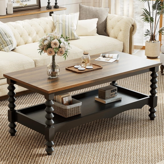 Black Farmhouse 2-Tier Coffee Table With Storage, Solid Wood Legs, 42 Inch