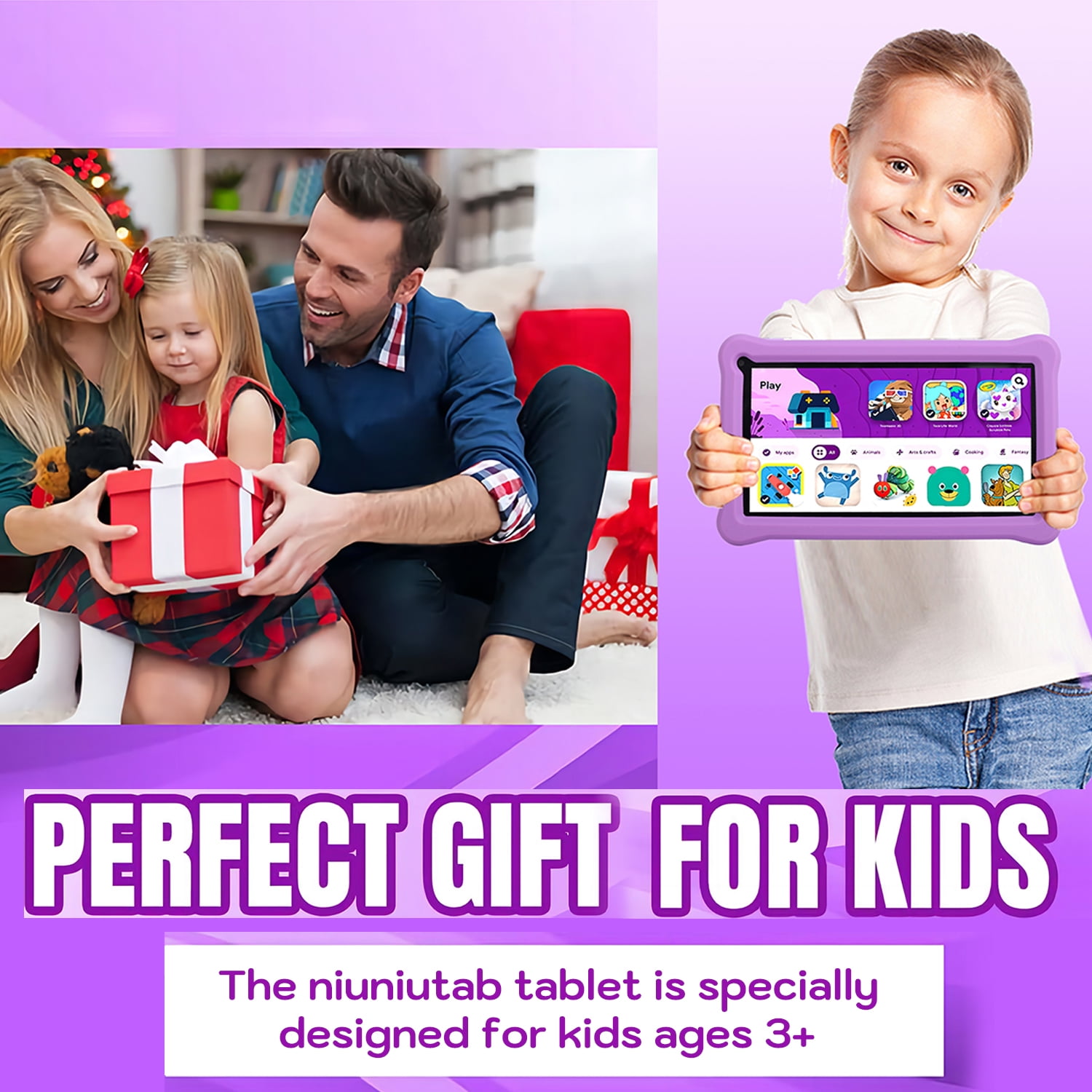 niuniutab Kids Tablet,7 inch Android for Kids, 3+5GB RAM 64GB ROM, 1024x600 IPS HD Touchscreen, Tablet with Parental Control, WiFi, Bluetooth,Quad-core(Purple)