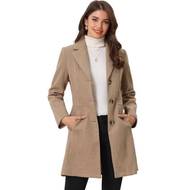 Abrigos largos de invierno con solapa con muesca y un solo pecho para mujer Beige Obscuro S