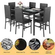 7 Piece Kitchen Dining Table & Chair Set, Dining Room Table Set with Faux Marble Tabletop PU Leather Padded Chairs, Rectangle Dining Table Set for 6, Dinette Set for Kitchen Dining Room Small Space