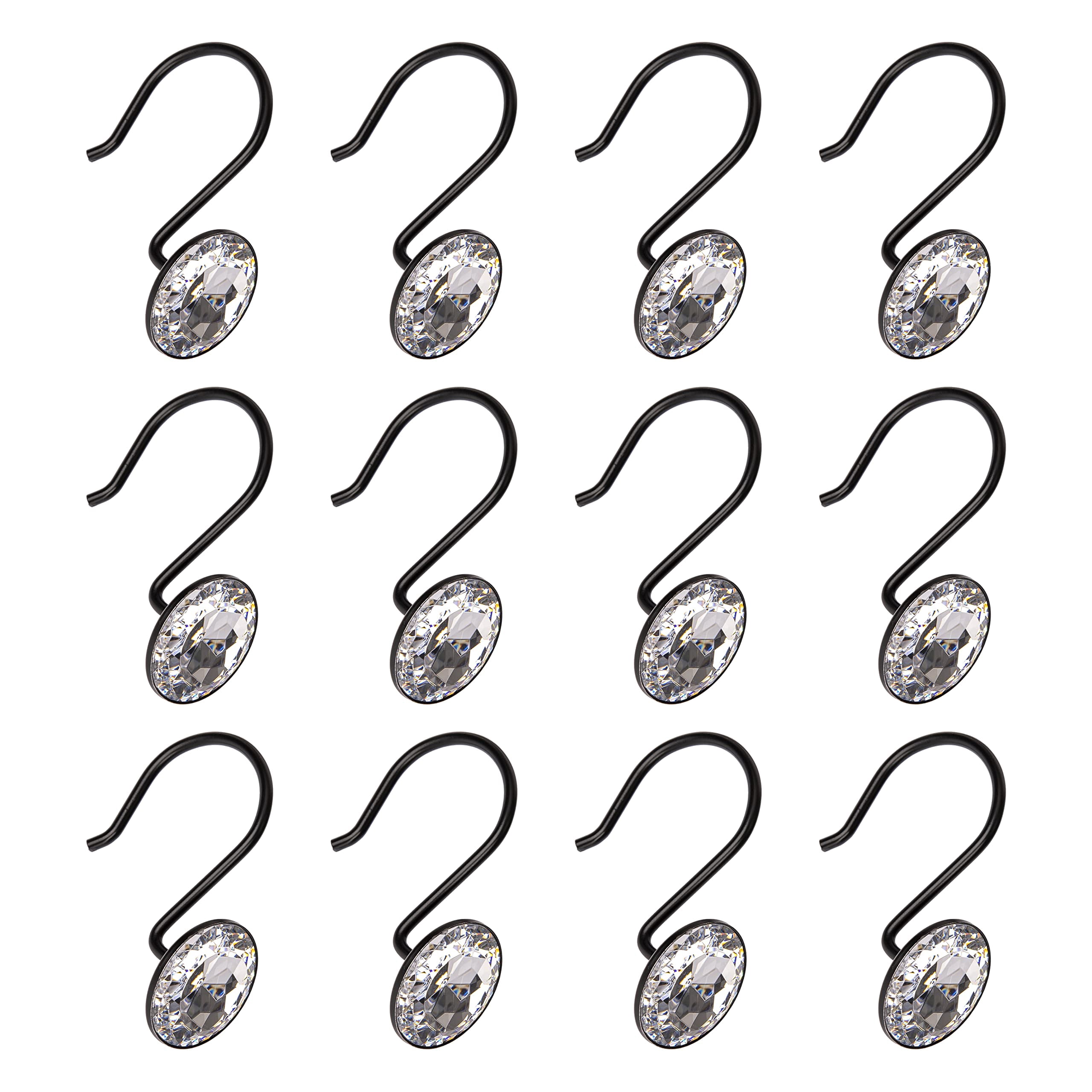 Utopia Alley  Shower Curtain Hooks for Bathroom, Rust Resistant Shower Curtain Hooks Rings,  Crystal Design, Set of 12 Black