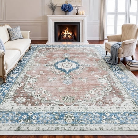 6 x9  Area Rugs for Living Room Washable  Pink Vintage Boho Non Slip Rug- Persian Oriental Traditional Farmhouse Carpet for Bedrooms Dining Room  Living Room  Home Office.