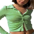 thumbnail image 3 of MesaSe Women Close-Fitting Blouse Solid Color Turn-Down Collar Long Sleeve Crop Tops, 3 of 3