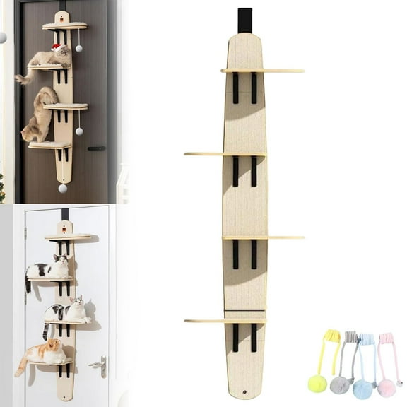 Over-the-Door Cat Climber  Space-Saving Multi-Level Shelf for Indoor Cats with Scratching Board & Plush Ball
