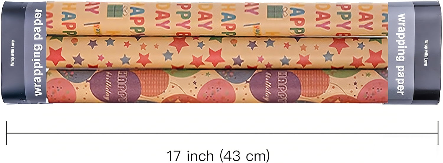 Kraft Birthday Wrapping Paper, Vintage Style Perfect for Men Women Kids Brown Kraft Wrap Paper with Colorful Balloons Stars Happy Birthday for Party - 3 Rolls, 17 inch X 120 inch Each