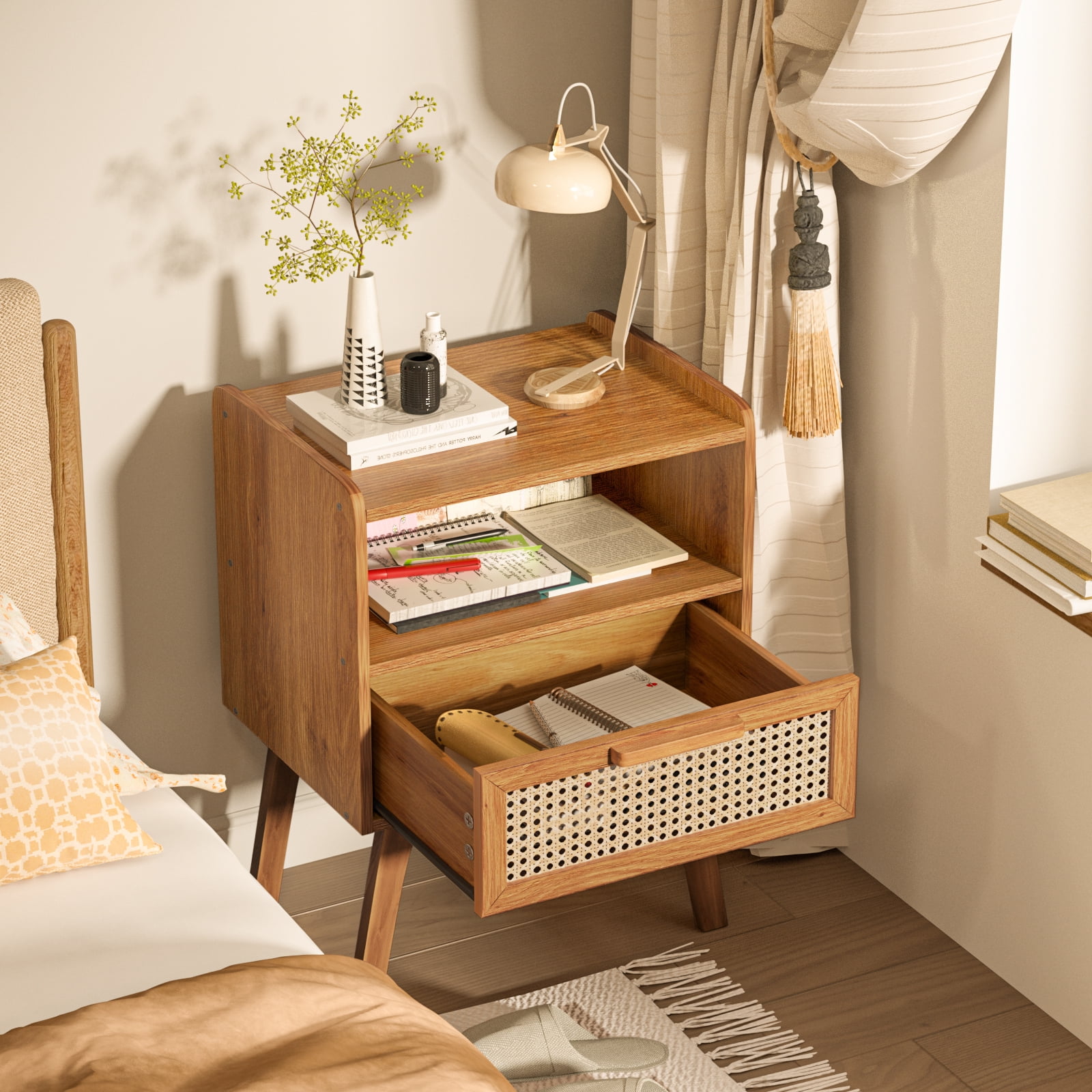 LEYAOYAO 2pc Rattan Nightstand, Modern Wicker Bedside Table with 1 Drawer & Tapered Legs, Boho Tea Color for Small Spaces, Tea Color