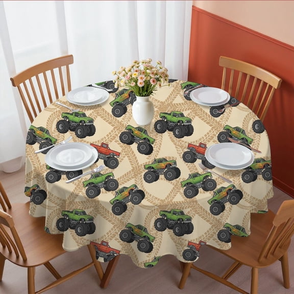 Monster Cartoon Truck Beige Pattern Round Tablecloth 70"x70", Wrinkle Resistant Wipeable Table Cover for Kitchen Dining Room Picnic Patio and Party