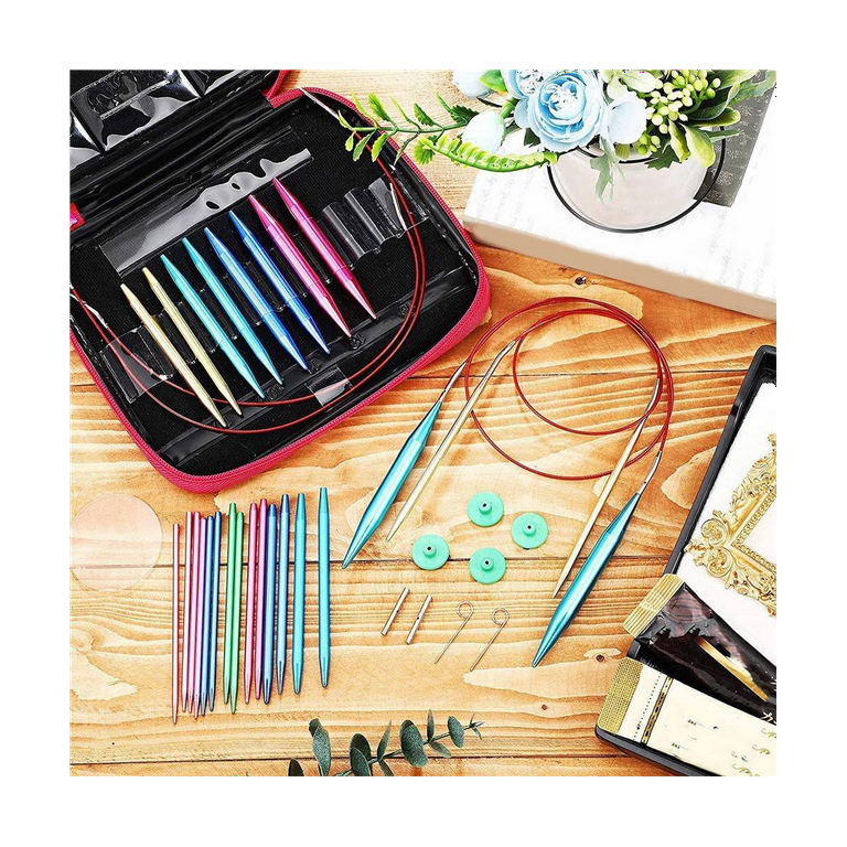 26pcs Interchangeable Needle Knitting Pins Set Aluminium Knitting Needle Kit with 4pcs Circular Plastic Wires Set and Storage Bag