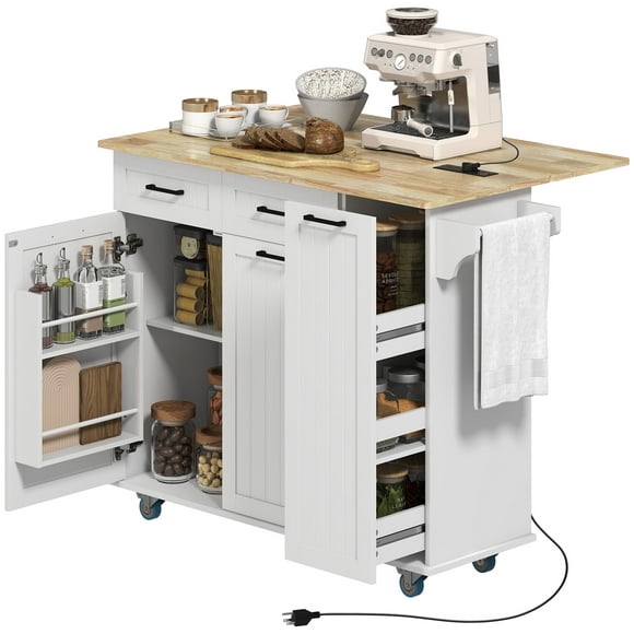 HOMCOM Mobile Kitchen Island with Charging Station, Drop Leaf Kitchen Cart