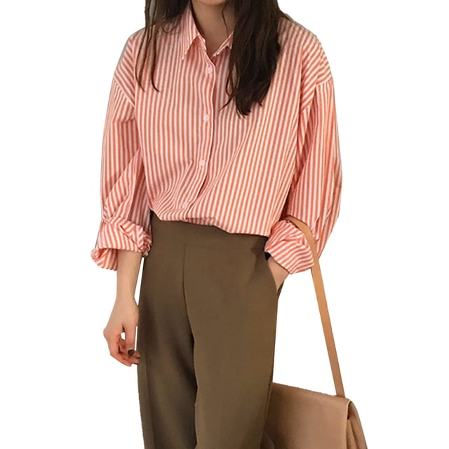 Blusa de manga larga con cuello vuelto, camisa fina a rayas, camisa informal para mujer para todas las estaciones, naranja M