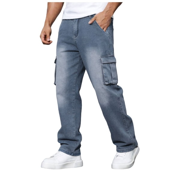 Ketyyh-chn99 Mens Comfort Flex Waist Relaxed Fit JeansJeans Men's Jeans Solid Color Multipocket Tooling Jeans Loose Straight Casual Pants Size for L,Blue