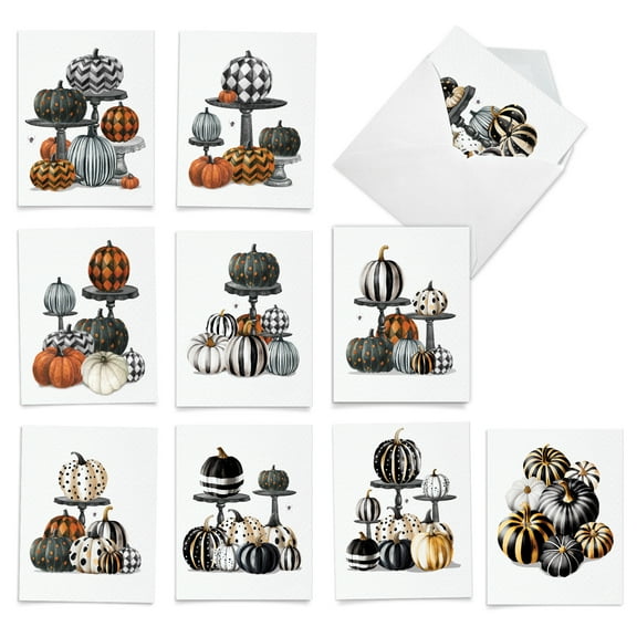 The Best Card Company 20 Assorted Halloween Note Cards Boxed Set 4 x 5.12 Inch with Envelopes (10 Designs, 2 Each) Black And White Pumpkins AM10788HWG-B2x10