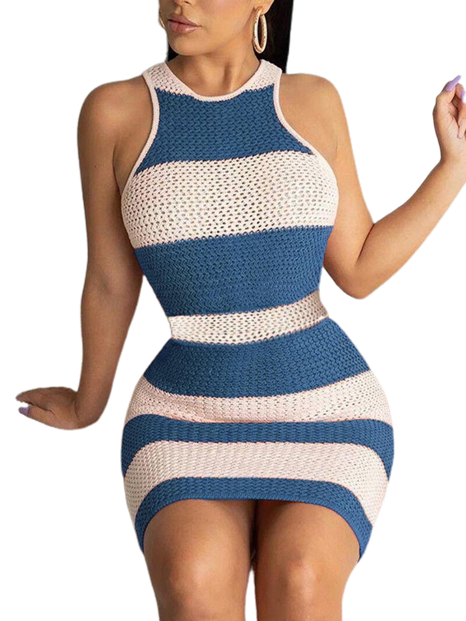 Feiwo Women Sleeveless Knitted Mini Dress Colorblock Striped Bodycon Jumper Dresses Ladies Holiday Party Casual Slim Fit Sundress Clubwear Blue L,