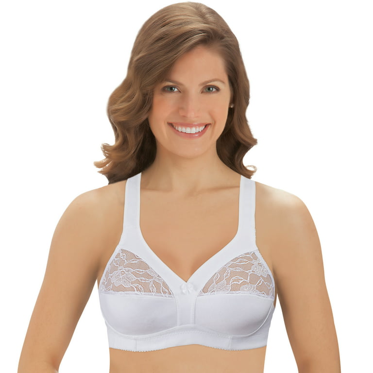 Collections Etc Women's Cotton Bra - Underwire-Free with Lace Accents and  Thick Straps for Extra Support, White, 36B