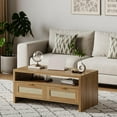 thumbnail image 1 of BeesClover 40” Boho Coffee Table with Storage,Modern Rattan Console Table with Drawers and Open Shelf, 2 Tiers Wooden Center Coffee Table for Living Room/Apartment/Farmhouse/Bedroom/Small Place(Oak), 1 of 9