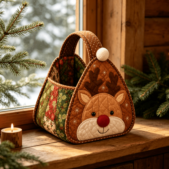 Christmas Character Quilted Carry Basket, Seasonal Holiday Carrying Tote, Multi‑purpose Organizer for Holiday Gathering, Tabletop Arrangement and Gift Storage