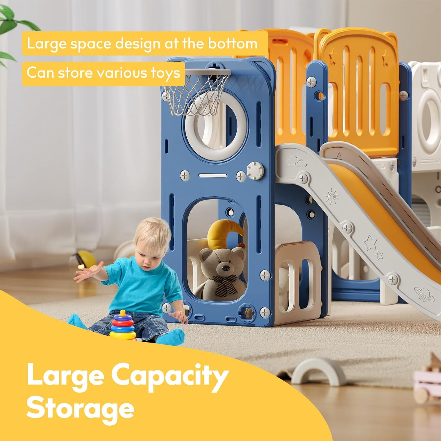 EAYSG 8 in 1 Toddler Dual-Platform Slide,Kids Slide Playset for Toddler,Indoor Outdoor Slide Toddler Playset with Ball & Hoop, Storage Space and Non-Slip Steps (L/Blue Orange)