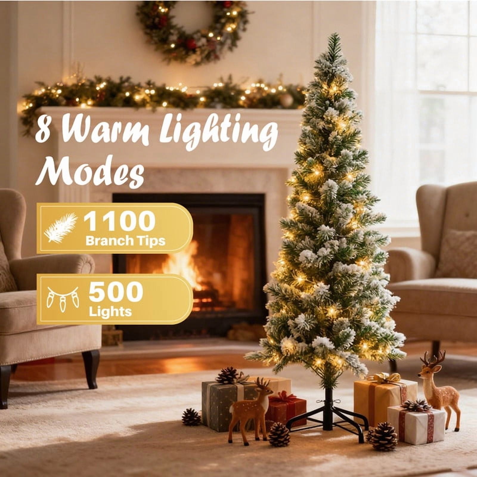 Gianna 9ft Snow Flocked Pencil Christmas Tree, Prelighted Artificial Slim Christmas Trees with 500 Incandescent Lights, 1100 Branch Tips & Foldable Base for Home, Office, Party Decoration