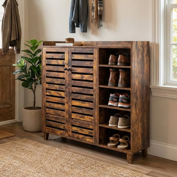 Ktaxon Shoe Cabinet 45"W w/ 2 Doors & Adjustable Shelves for 30 Pairs, Tall Large Shoe Storage Rack for Entryway Living Room Closet, Rotten Wood Color