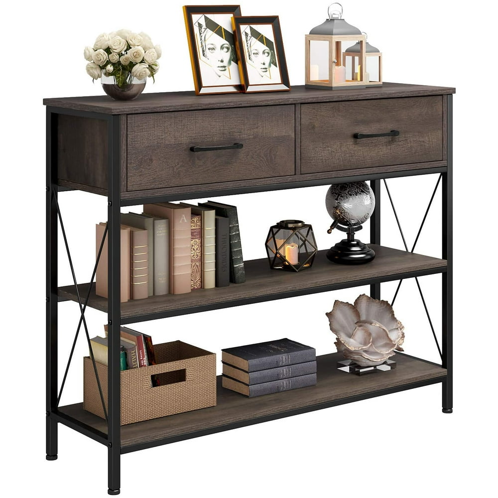 3-Tier Modern X-Design Wood Console Table with Storage Shelves Narrow