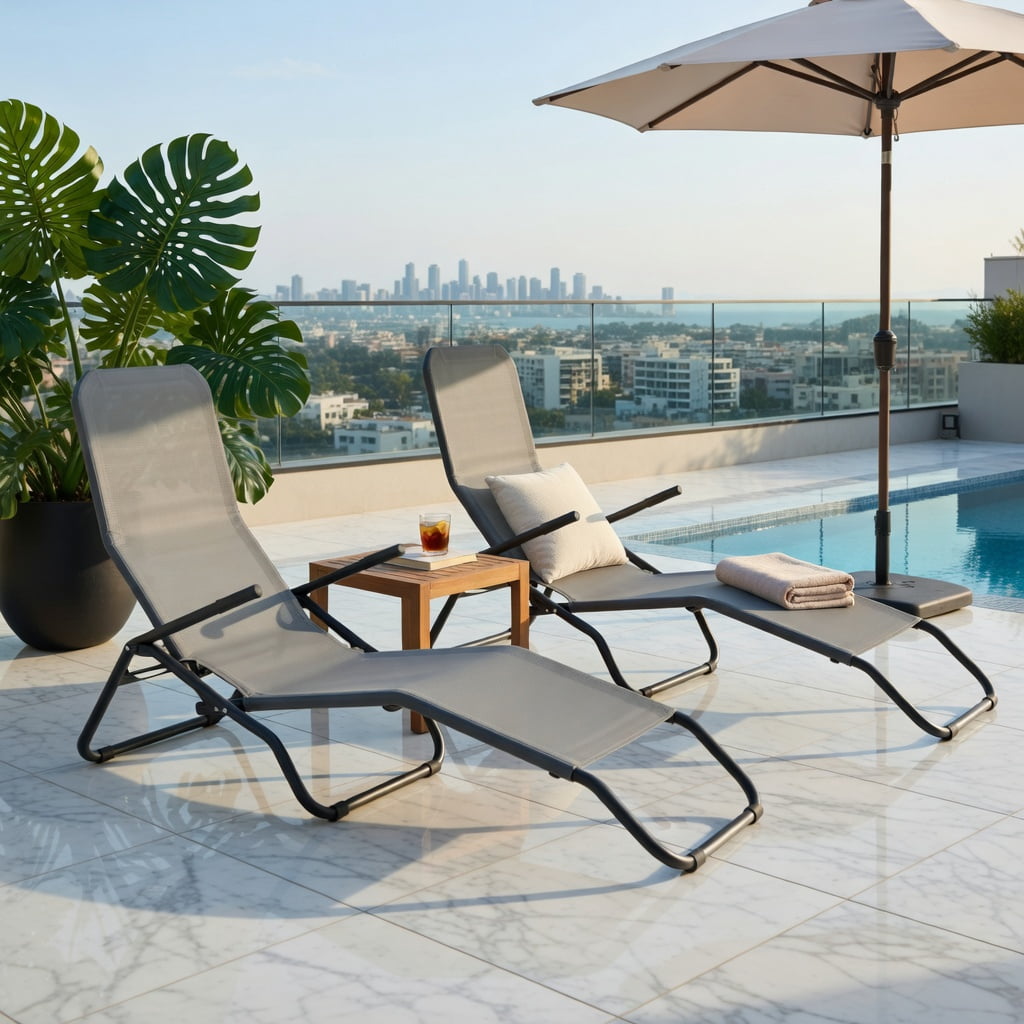 Hommoo 2-Pack Folding Patio Chaise Loungers with Rocking Motion, Heavy-Duty Steel Frame, Breathable Fabric, Easy-Store Design for Backyard, Poolside & Garden, Gray