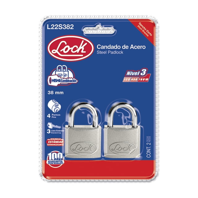 Candado de acero corto Lock L22S382 2 pzs cromo satinado