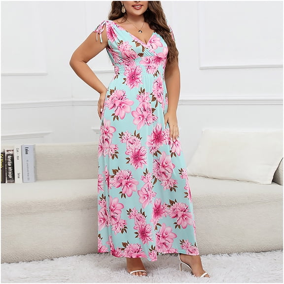 Blmnix Floral Ladies' Dresses Slip Dress Plus Size Petticoat V-Neck Pink Tea-Length Sleeveless Western Dress for Women,M