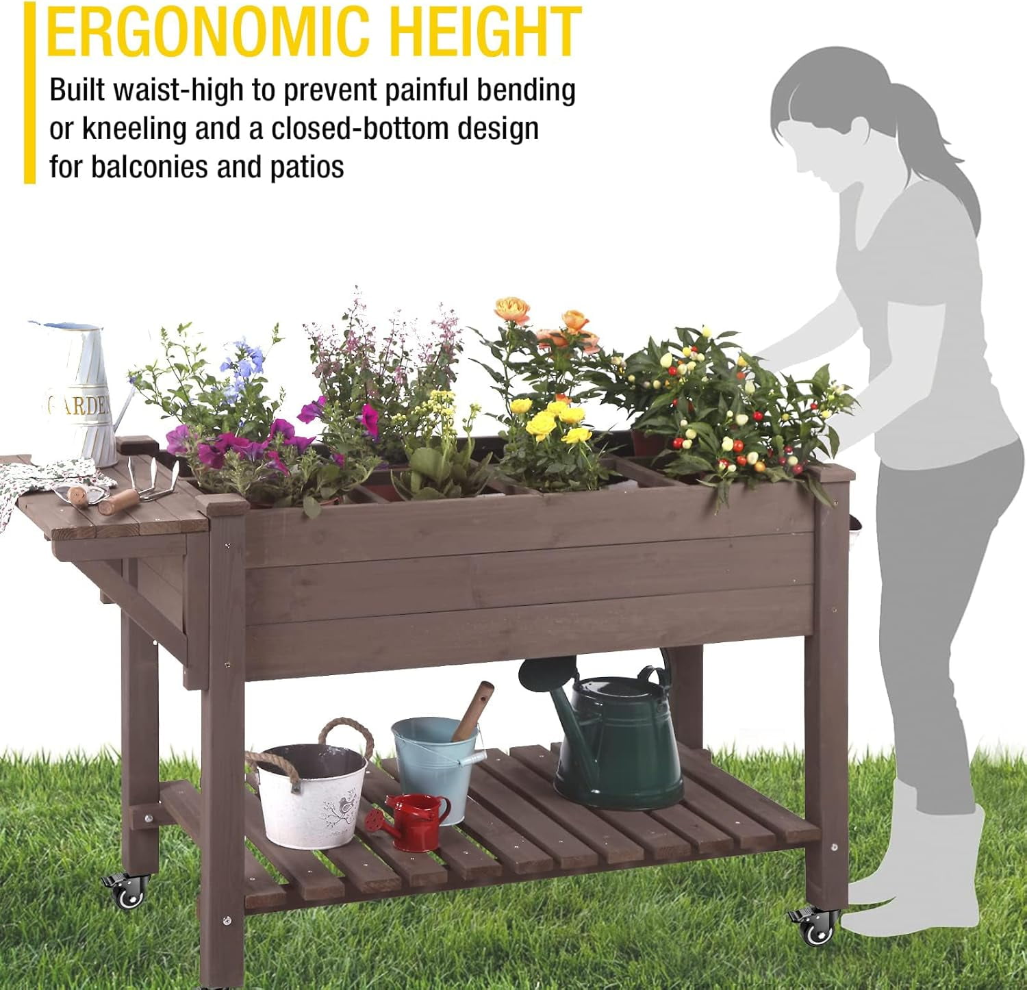 Aivituvin Raised Garden Bed on Wheels, Elevated Plant Boxes Outdoor Large with Grow Grid - with Large Storage Shelf 52.7" x 22" x 30"