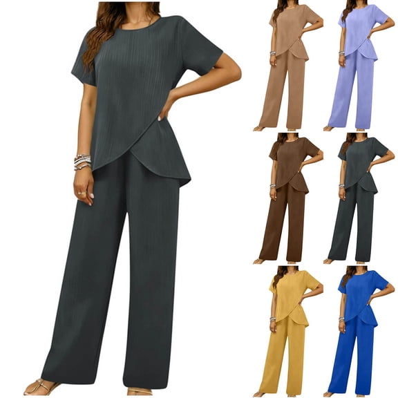Two Piece Sets for Women Trendy Casual Short Sleeve Round Neck Solid Top and Elastic Waist Long Pants Sets