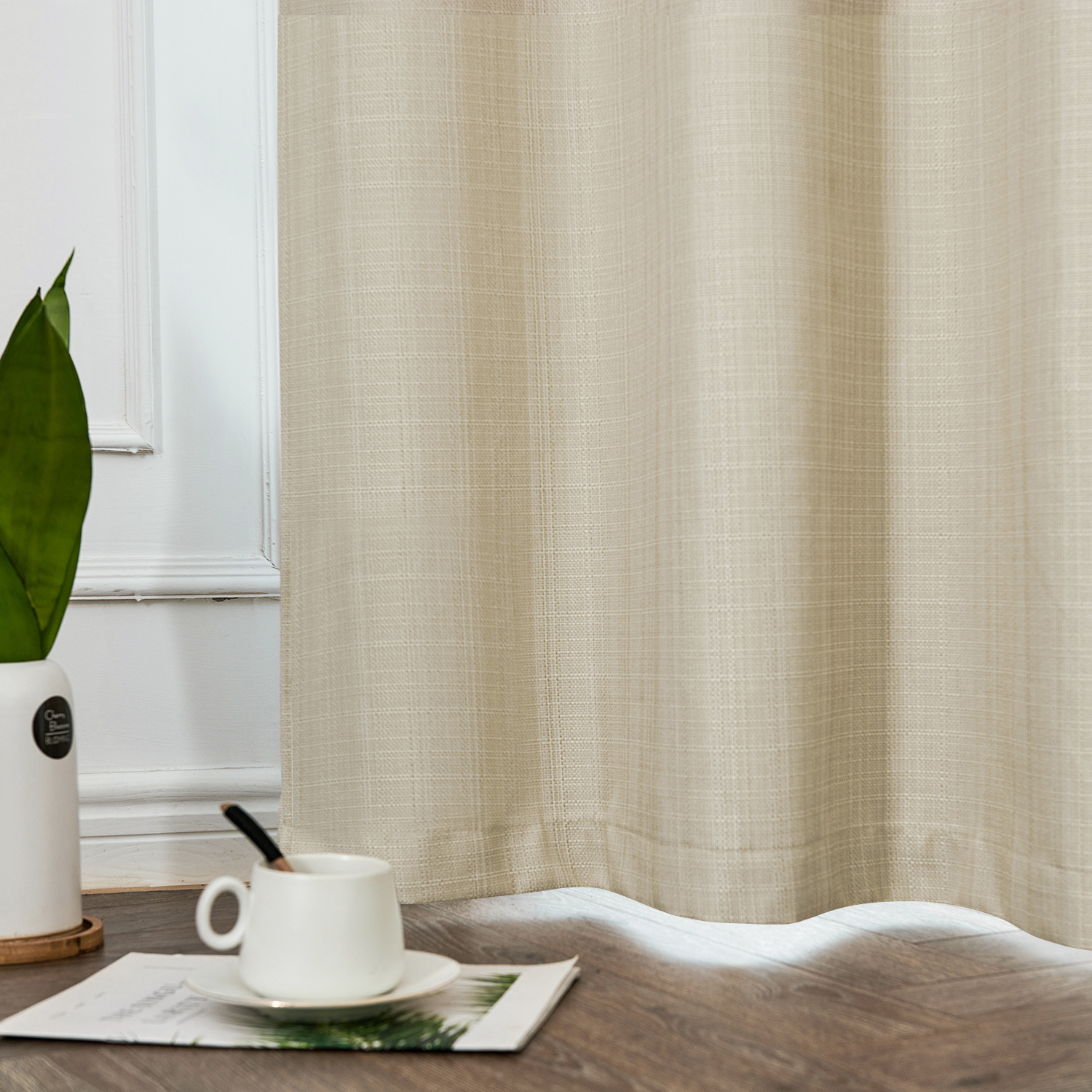 Curtainking Heathered Beige Curtains for Living Room 63 Inches Linen Textured Curtains Light Filtering Back Tab Curtains Casual Weave Back Tab Drapes 2 Panels - image 5 of 8