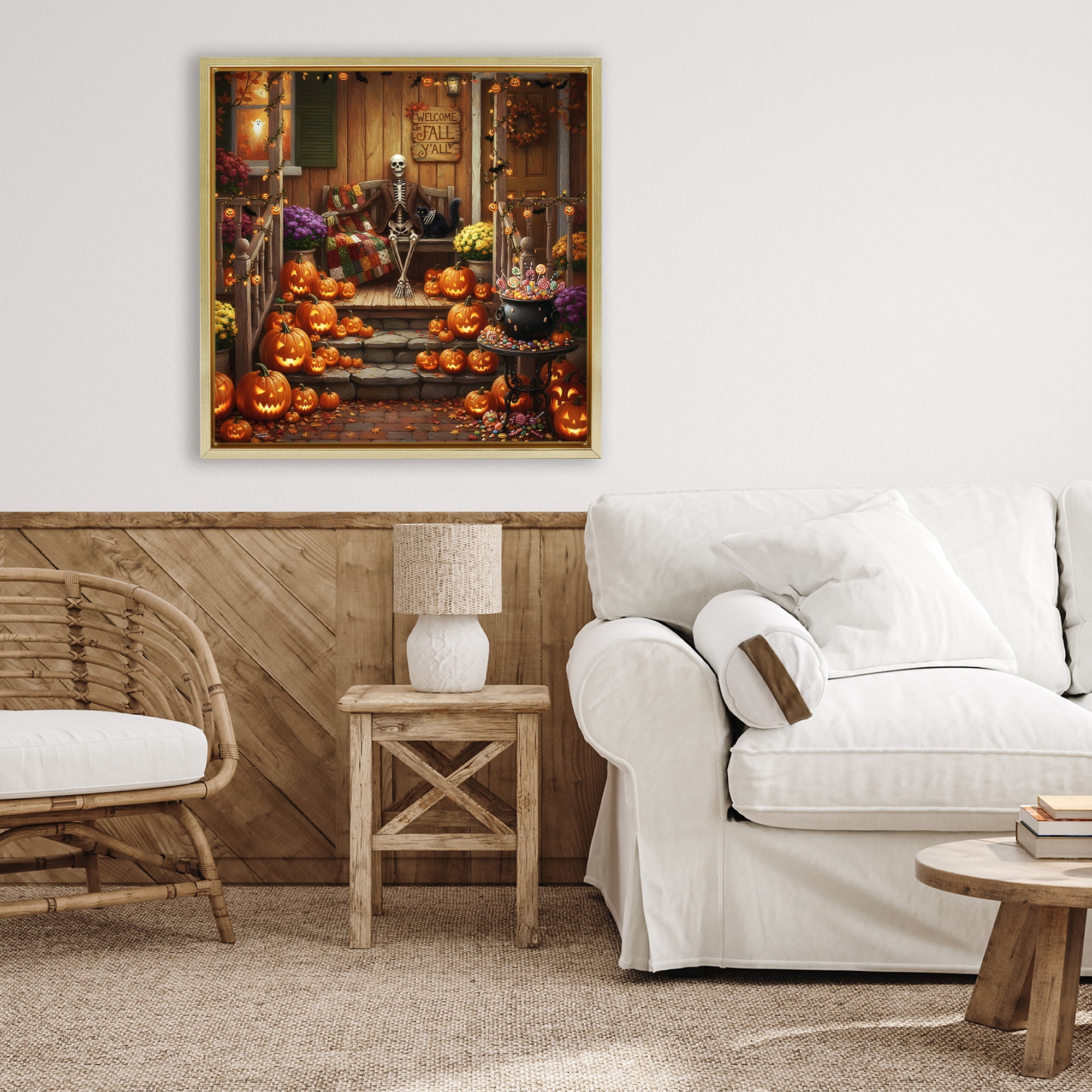 Stupell Industries Welcome To Fall Skeleton Porch Gold Framed Floater Canvas Wall Art, design by Tabz Jones